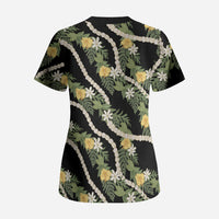Hawaiian Pikake Maile Lei Scrub Top Tiare Hibiscus Kalo Palapalai Leaf Black LT19 - Polynesian Pride