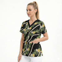 Hawaiian Pikake Maile Lei Scrub Top Tiare Hibiscus Kalo Palapalai Leaf Black LT19 - Polynesian Pride