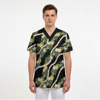 Hawaiian Pikake Maile Lei Scrub Top Tiare Hibiscus Kalo Palapalai Leaf Black LT19 - Polynesian Pride