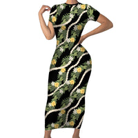 Hawaiian Pikake Maile Lei Short Sleeve Bodycon Dress Tiare Hibiscus Kalo Palapalai Leaf Black