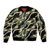 Hawaiian Pikake Maile Lei Sleeve Zip Bomber Jacket Tiare Hibiscus Kalo Palapalai Leaf Black LT19 Unisex Black - Polynesian Pride