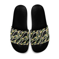 Hawaiian Pikake Maile Lei Slide Sandals Tiare Hibiscus Kalo Palapalai Leaf Black LT19 Black - Polynesian Pride