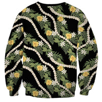 Hawaiian Pikake Maile Lei Sweatshirt Tiare Hibiscus Kalo Palapalai Leaf Black LT19 - Polynesian Pride