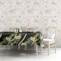 Hawaiian Pikake Maile Lei Tablecloth Tiare Hibiscus Kalo Palapalai Leaf Black LT19 - Polynesian Pride