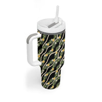 Hawaiian Pikake Maile Lei Tumbler With Handle Tiare Hibiscus Kalo Palapalai Leaf Black LT19 - Polynesian Pride