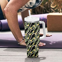 Hawaiian Pikake Maile Lei Tumbler With Handle Tiare Hibiscus Kalo Palapalai Leaf Black LT19 - Polynesian Pride