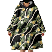 Hawaiian Pikake Maile Lei Wearable Blanket Hoodie Tiare Hibiscus Kalo Palapalai Leaf Black