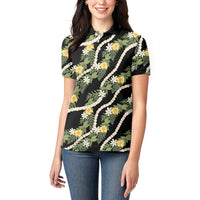 Hawaiian Pikake Maile Lei Women Polo Shirt Tiare Hibiscus Kalo Palapalai Leaf Black