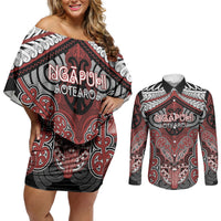 Aotearoa Iwi Ngapuhi Personalised Couples Matching Off Shoulder Short Dress and Long Sleeve Button Shirt Maori Kowhaiwhai Pattern