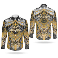 Aotearoa Iwi Ngati Whatua Personalised Couples Matching Off Shoulder Maxi Dress and Long Sleeve Button Shirt Maori Kowhaiwhai Pattern