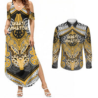 Aotearoa Iwi Ngati Whatua Personalised Couples Matching Summer Maxi Dress and Long Sleeve Button Shirt Maori Kowhaiwhai Pattern