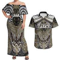 Aotearoa Iwi Waikato Tainui Personalised Couples Matching Off Shoulder Maxi Dress and Hawaiian Shirt Maori Kowhaiwhai Pattern