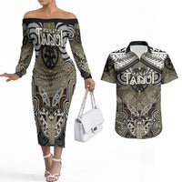 Aotearoa Iwi Waikato Tainui Personalised Couples Matching Off The Shoulder Long Sleeve Dress and Hawaiian Shirt Maori Kowhaiwhai Pattern