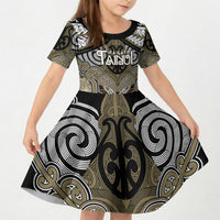 Aotearoa Iwi Waikato Tainui Personalised Kid Short Sleeve Dress Maori Kowhaiwhai Pattern