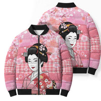 Japanese Geisha Cherry Blossom Bomber Puffer Jacket Pink Palaka Hawaii Pattern Fusion Design LT19 - Polynesian Pride