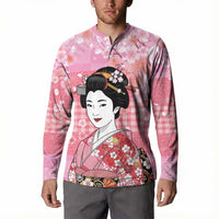 Japanese Geisha Cherry Blossom Button Sweatshirt Pink Palaka Hawaii Pattern Fusion Design LT19 - Polynesian Pride