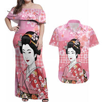 Japanese Geisha Cherry Blossom Couples Matching Off Shoulder Maxi Dress and Hawaiian Shirt Pink Palaka Hawaii Pattern Fusion Design