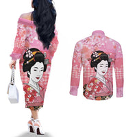 Japanese Geisha Cherry Blossom Couples Matching Off The Shoulder Long Sleeve Dress and Long Sleeve Button Shirt Pink Palaka Hawaii Pattern Fusion Design