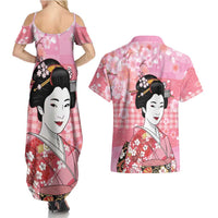 Japanese Geisha Cherry Blossom Couples Matching Summer Maxi Dress and Hawaiian Shirt Pink Palaka Hawaii Pattern Fusion Design