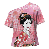 Japanese Geisha Cherry Blossom Cross Shoulder Shirt Pink Palaka Hawaii Pattern Fusion Design LT19 - Polynesian Pride