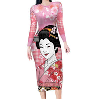 Japanese Geisha Cherry Blossom Family Matching Long Sleeve Bodycon Dress and Hawaiian Shirt Pink Palaka Hawaii Pattern Fusion Design