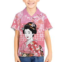 Japanese Geisha Cherry Blossom Family Matching Long Sleeve Bodycon Dress and Hawaiian Shirt Pink Palaka Hawaii Pattern Fusion Design