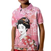 Japanese Geisha Cherry Blossom Kid Polo Shirt Pink Palaka Hawaii Pattern Fusion Design LT19 Kid Pink - Polynesian Pride