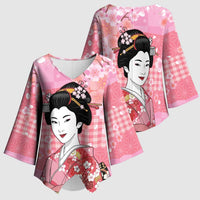 Japanese Geisha Cherry Blossom Kimono Sleeve Blouse Pink Palaka Hawaii Pattern Fusion Design LT19 - Polynesian Pride