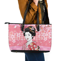 Japanese Geisha Cherry Blossom Leather Tote Bag Pink Palaka Hawaii Pattern Fusion Design LT19 - Polynesian Pride