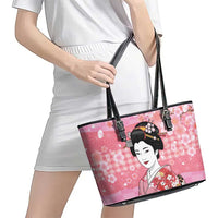 Japanese Geisha Cherry Blossom Leather Tote Bag Pink Palaka Hawaii Pattern Fusion Design LT19 - Polynesian Pride