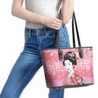 Japanese Geisha Cherry Blossom Leather Tote Bag Pink Palaka Hawaii Pattern Fusion Design LT19 - Polynesian Pride
