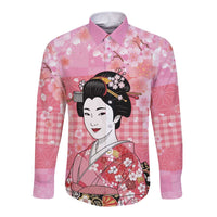 Japanese Geisha Cherry Blossom Long Sleeve Button Shirt Pink Palaka Hawaii Pattern Fusion Design LT19 Unisex Pink - Polynesian Pride
