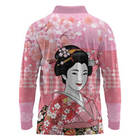 Japanese Geisha Cherry Blossom Long Sleeve Polo Shirt Pink Palaka Hawaii Pattern Fusion Design LT19 - Polynesian Pride