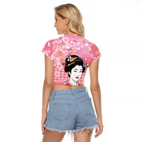 Japanese Geisha Cherry Blossom Raglan Cropped T Shirt Pink Palaka Hawaii Pattern Fusion Design LT19 - Polynesian Pride