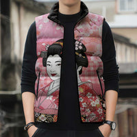 Japanese Geisha Cherry Blossom Sleeveless Puffer Jacket Pink Palaka Hawaii Pattern Fusion Design LT19 - Polynesian Pride