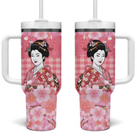 Japanese Geisha Cherry Blossom Tumbler With Handle Pink Palaka Hawaii Pattern Fusion Design LT19 One Size: 40 oz Pink - Polynesian Pride