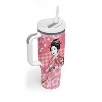 Japanese Geisha Cherry Blossom Tumbler With Handle Pink Palaka Hawaii Pattern Fusion Design LT19 - Polynesian Pride