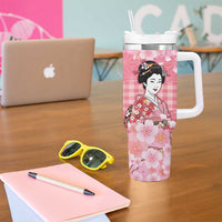 Japanese Geisha Cherry Blossom Tumbler With Handle Pink Palaka Hawaii Pattern Fusion Design LT19 - Polynesian Pride