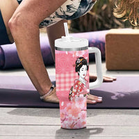 Japanese Geisha Cherry Blossom Tumbler With Handle Pink Palaka Hawaii Pattern Fusion Design LT19 - Polynesian Pride