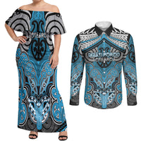 Aotearoa Iwi Ngati Porou Personalised Couples Matching Off Shoulder Maxi Dress and Long Sleeve Button Shirt Maori Kowhaiwhai Pattern