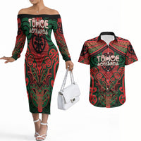 Aotearoa Iwi Tuhoe Personalised Couples Matching Off The Shoulder Long Sleeve Dress and Hawaiian Shirt Maori Kowhaiwhai Pattern