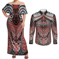 Aotearoa Iwi Rongowhakaata Personalised Couples Matching Off Shoulder Maxi Dress and Long Sleeve Button Shirt Maori Kowhaiwhai Pattern