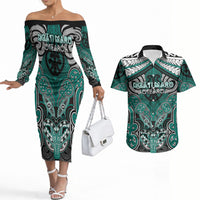 Aotearoa Iwi Ngati Maru Personalised Couples Matching Off The Shoulder Long Sleeve Dress and Hawaiian Shirt Maori Kowhaiwhai Pattern