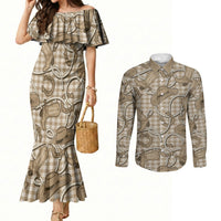 Beige Hawaii Palaka Cowboy Couples Matching Mermaid Dress and Long Sleeve Button Shirt Hawaiian Paniolo Festival Spirit LT19 Beige - Polynesian Pride