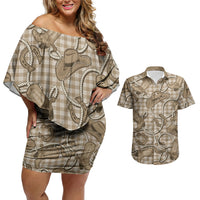 Beige Hawaii Palaka Cowboy Couples Matching Off Shoulder Short Dress and Hawaiian Shirt Hawaiian Paniolo Festival Spirit LT19 Beige - Polynesian Pride