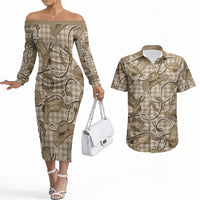 Beige Hawaii Palaka Cowboy Couples Matching Off The Shoulder Long Sleeve Dress and Hawaiian Shirt Hawaiian Paniolo Festival Spirit LT19 Beige - Polynesian Pride
