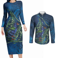 New Zealand Takahe Personalised Couples Matching Long Sleeve Bodycon Dress and Long Sleeve Button Shirt Silver Fern Galaxy Polynesian Pattern LT22 Blue - Polynesian Pride