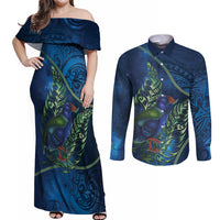 New Zealand Takahe Personalised Couples Matching Off Shoulder Maxi Dress and Long Sleeve Button Shirt Silver Fern Galaxy Polynesian Pattern