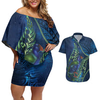 New Zealand Takahe Personalised Couples Matching Off Shoulder Short Dress and Hawaiian Shirt Silver Fern Galaxy Polynesian Pattern