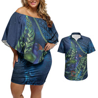 New Zealand Takahe Personalised Couples Matching Off Shoulder Short Dress and Hawaiian Shirt Silver Fern Galaxy Polynesian Pattern LT22 Blue - Polynesian Pride